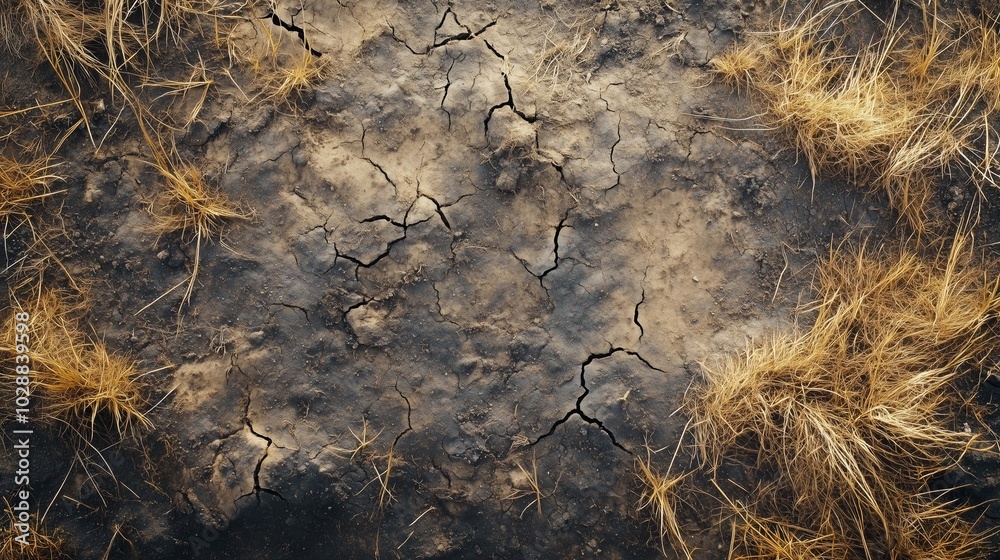 Cracked earth surface with dry grass patches, textured background, top view Cracked earth surface with dry grass patches, textured background, top view