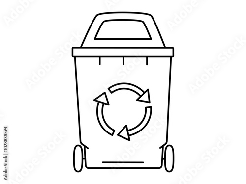 Hand drawn cute outline illustration of big garbage can with wheel. Flat vector trash bin, environmental pollution design in line art doodle style. Ecology sticker, icon. Rubbish disposal. Isolated.