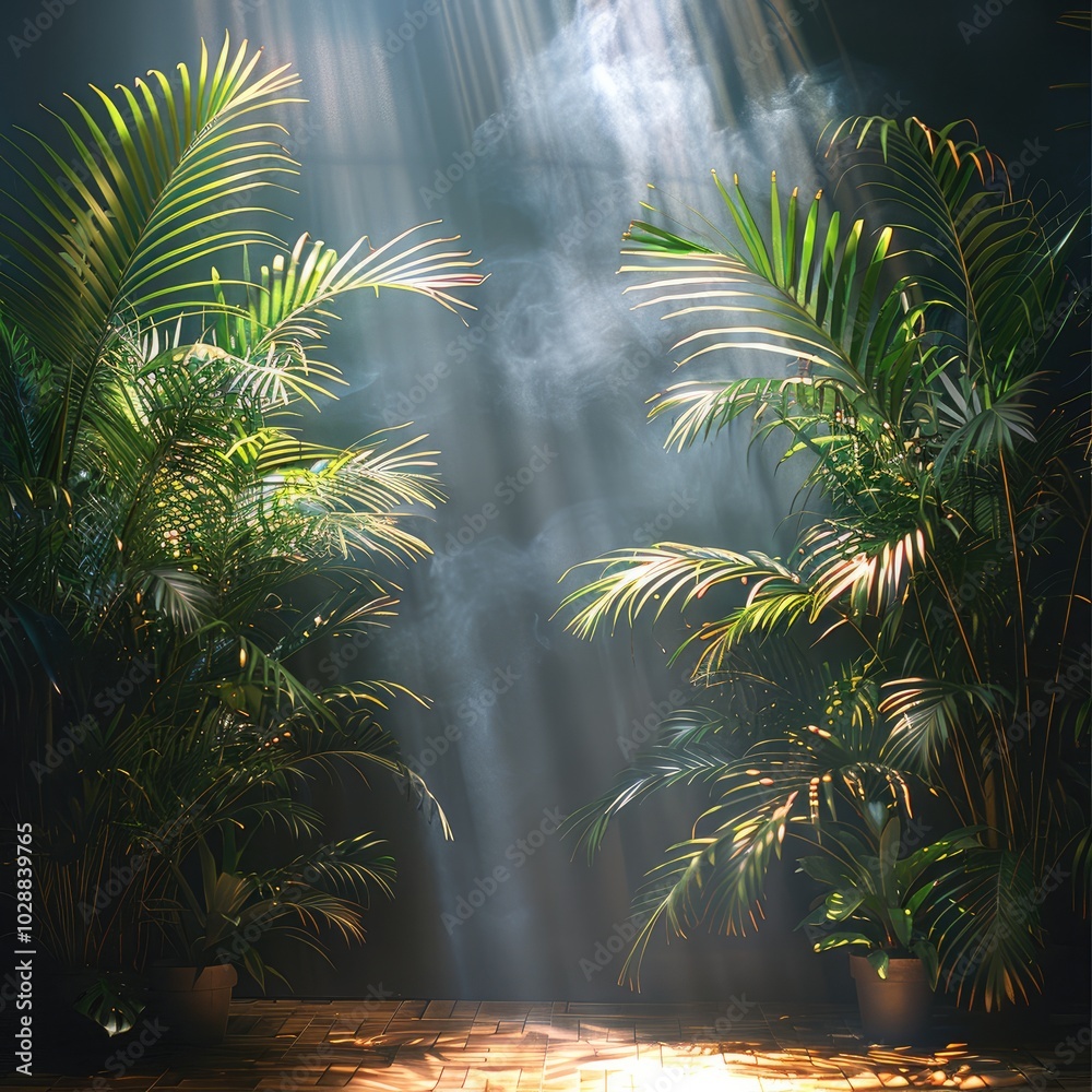 Naklejka premium Backdrop of green tropical plant arrangement in dark room with light peeking through the shades illuminating the scene. atmospheric.