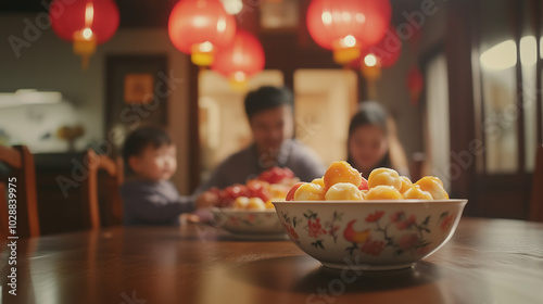 Dongzhi Festival with family gathering at the dining table, eating colorful tangyuan in porcelain bowls, traditional Chinese kitchen background, Ai generated images photo