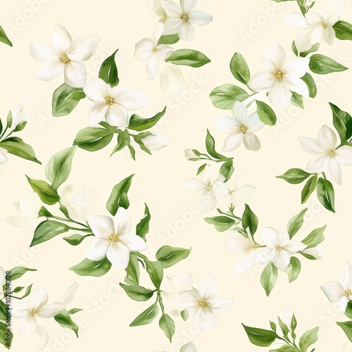 White Flowers with Green Leaves Seamless Pattern.