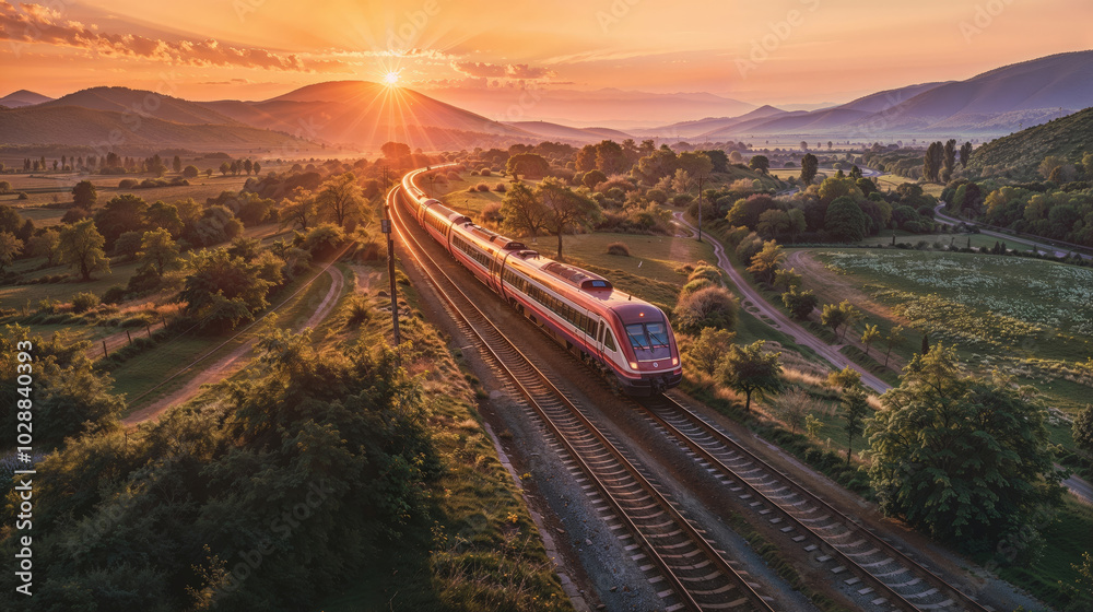 Scenic Sunset View of a Train Journey Through Rolling Hills Scenic Sunset View of a Train Journey Through Rolling Hills