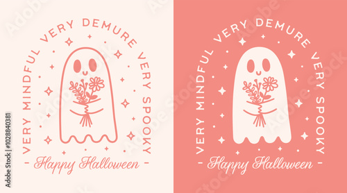 Happy Halloween very demure very mindful very spooky cute ghost holding flowers coquette pink aesthetic girly drawing. Retro floral trendy fall season girl quotes printable card shirt design cut file.