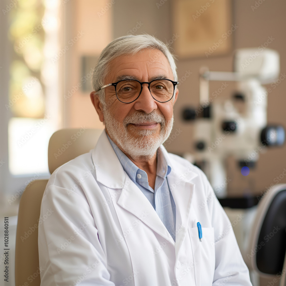 Senior Male Ophthalmologist in Lab Coat, Smiling in Clinic