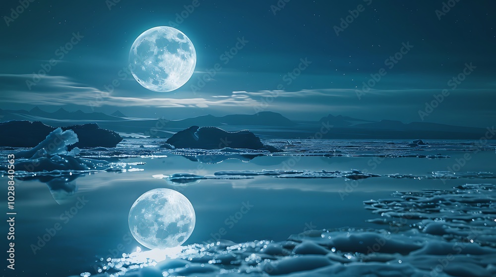 A serene full moon illuminating a calm lake at midnight. A serene full moon illuminating a calm lake at midnight.