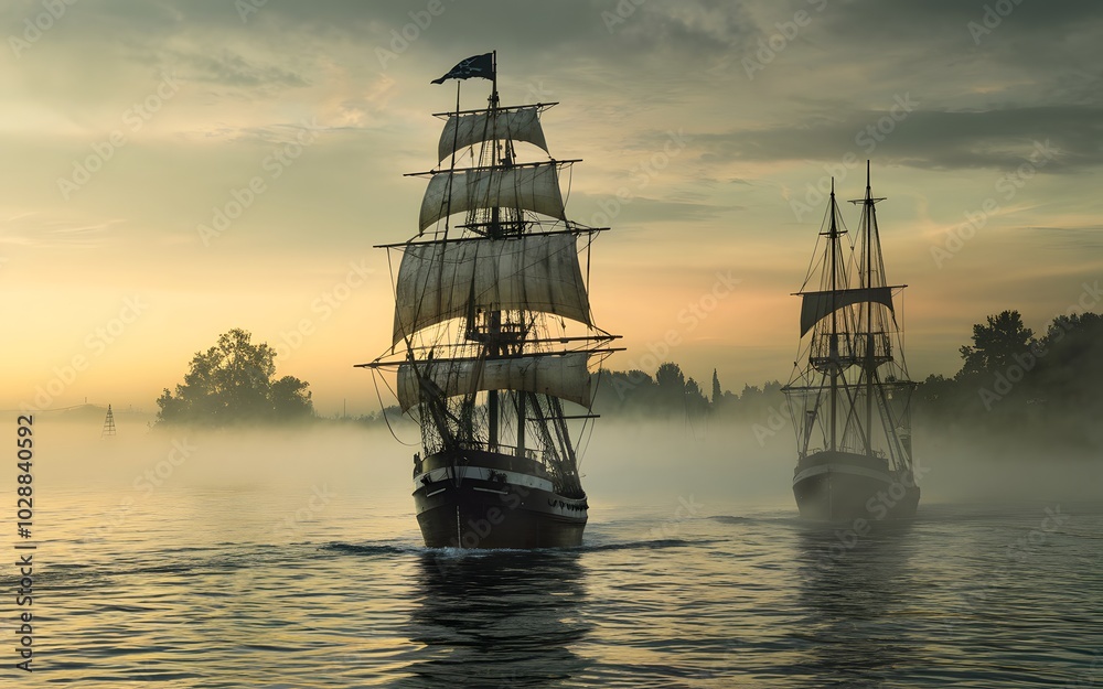 a photo of Ghost ship sailing through fog, spectral crew a photo of Ghost ship sailing through fog, spectral crew