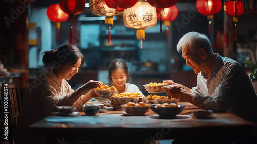 Dongzhi Festival with family gathering at the dining table, eating colorful tangyuan in porcelain bowls, traditional Chinese kitchen background, Ai generated images