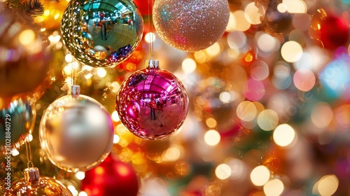 Festive Christmas Tree Ornaments: A Vibrant Display of Colors, Shapes, and Patterns with Ultra-Detailed, Cinematic Light