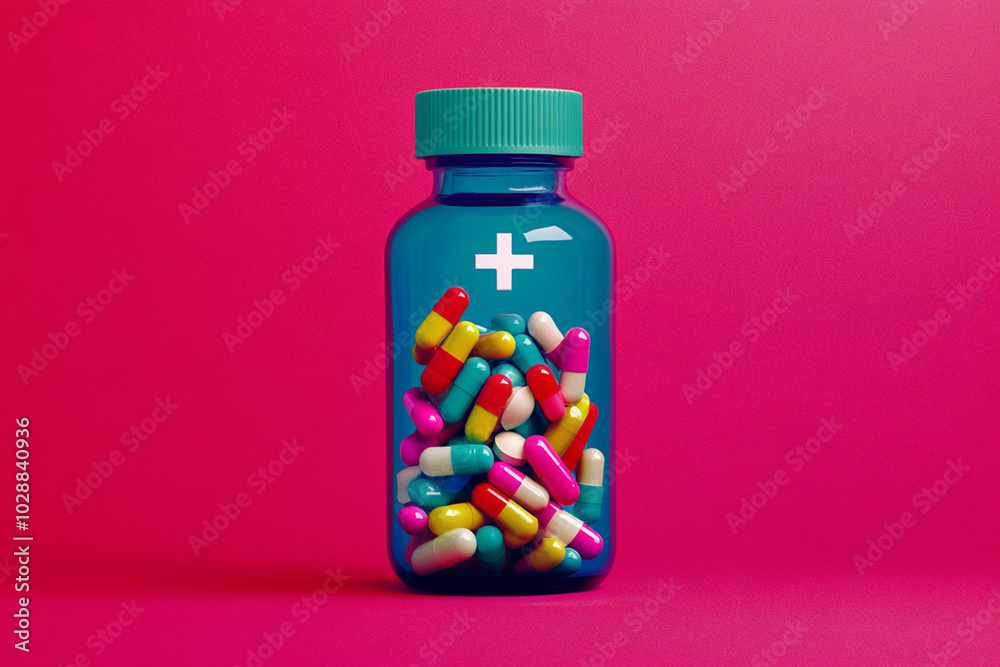 Colorful Medicine Bottle with Pills and Tablets in Modern Minimalist Healthcare Illustration Colorful Medicine Bottle with Pills and Tablets in Modern Minimalist Healthcare Illustration