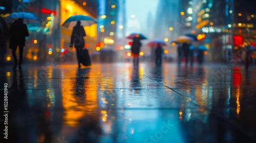 Wallpaper Mural City dwellers walk under umbrellas in the rain, with colorful reflections from storefronts and streetlights lighting up the wet pavement, evoking a vibrant nighttime urban atmosphere. Torontodigital.ca