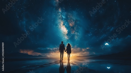 A couple stands by a lake, holding hands under a starry sky with the Milky Way and full moon reflected on the water, evoking a peaceful and romantic atmosphere.