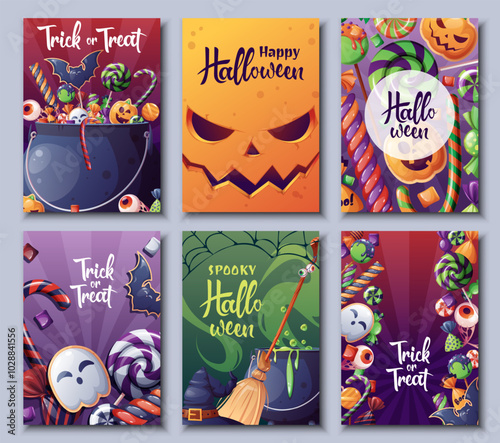 Halloween greeting card design. Trick or treat. Poster, banner with witch's cauldron and sweets.