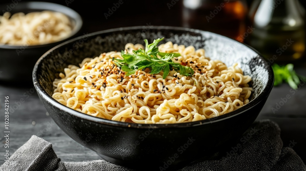 Delicious Instant Noodles in Black Bowl with Sesame Seeds and Fresh Parsley Garnish Delicious Instant Noodles in Black Bowl with Sesame Seeds and Fresh Parsley Garnish
