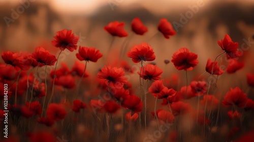 A field of red poppies with a blurry background