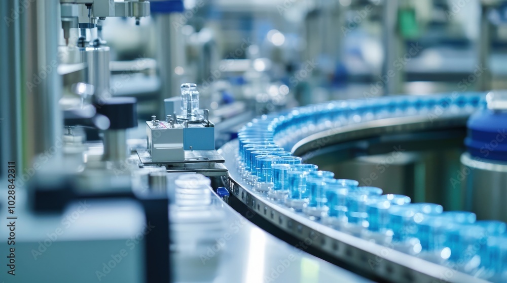 A factory line of blue bottles with a silver background A factory line of blue bottles with a silver background