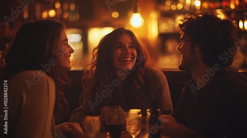 A group of friends share drinks and laughter at a cozy, dimly lit restaurant or bar, evoking a lively and friendly atmosphere during an evening gathering.