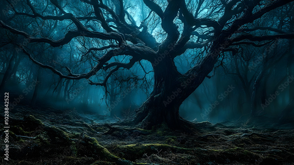 Naklejka premium A mystical, dark forest with a twisted tree and fog.