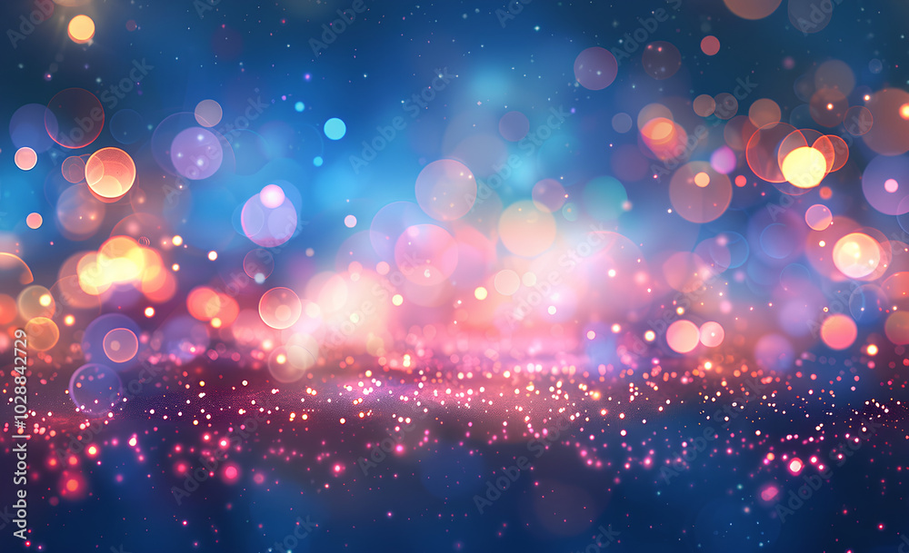 Fototapeta premium Abstract blurred background with bokeh lights and glitter, pastel colors, space for text or design. Shiny on dark blue, pink, purple background. Christmas, wedding card, party flyer template
