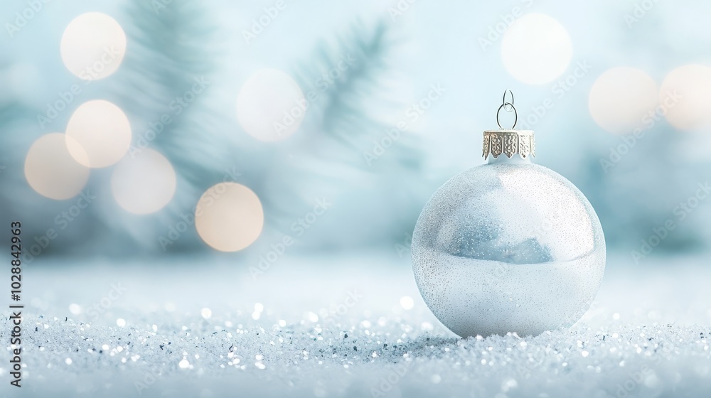 winter new year light blue snow background with christmas tree toy, copy space winter new year light blue snow background with christmas tree toy, copy space