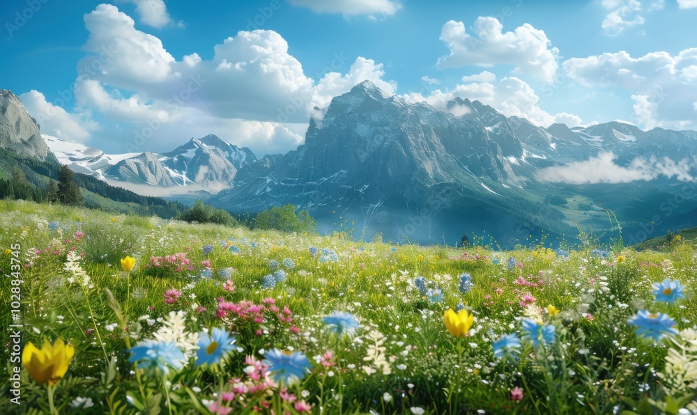 Fototapeta premium Alpine meadow with blooming wildflowers and distant mountains, 4K hyperrealistic photo