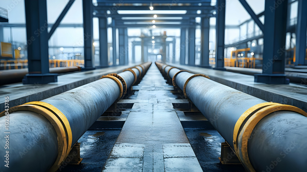 Industrial pipes arranged in a facility for transport and processing. Industrial pipes arranged in a facility for transport and processing.