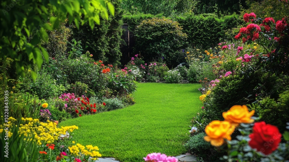 Lush Green Lawn Surrounded by Vibrant Flower Beds in a Well-Maintained Garden Lush Green Lawn Surrounded by Vibrant Flower Beds in a Well-Maintained Garden