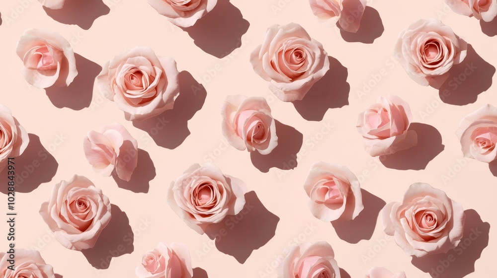 An elegant pattern of pink roses on a pastel background, with gentle shadows creating a minimalist and romantic floral design. An elegant pattern of pink roses on a pastel background, with gentle shadows creating a minimalist and romantic floral design.
