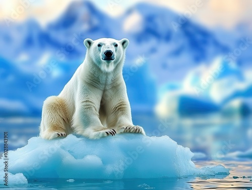 polar bear perched on an ice floe, with melting glaciers in the background, illustrating the urgency of climate change in a striking, emotional scene photo