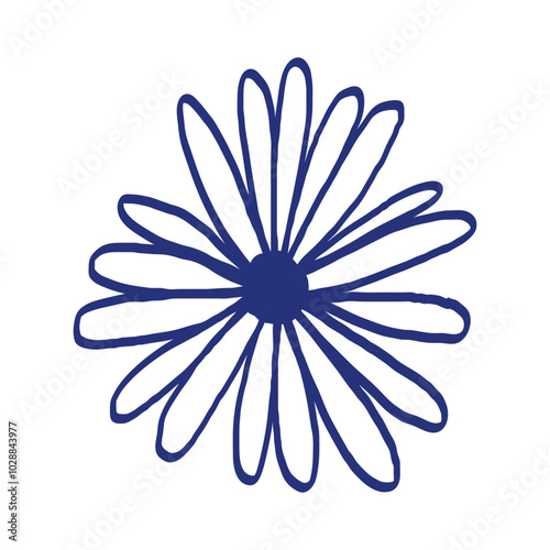 Flower sketch. Hand drawn vector illustration. Blue pen or marker drawing. Primitive kids picture