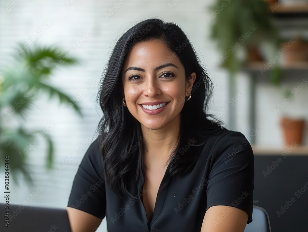 portrait of a confident latin american businesswoman, smiling while using tech for remote communication, showcasing diversity and modern work culture portrait of a confident latin american businesswoman, smiling while using tech for remote communication, showcasing diversity and modern work culture