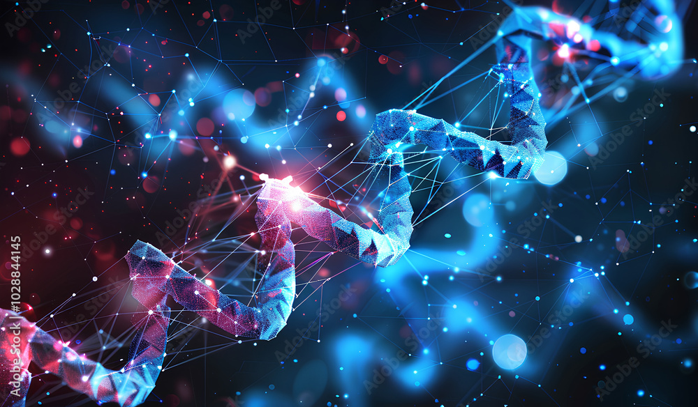 Abstract futuristic background with low poly wave and connecting dots, big data concept of the DNA structure in perspective on dark blue background. Digital technology