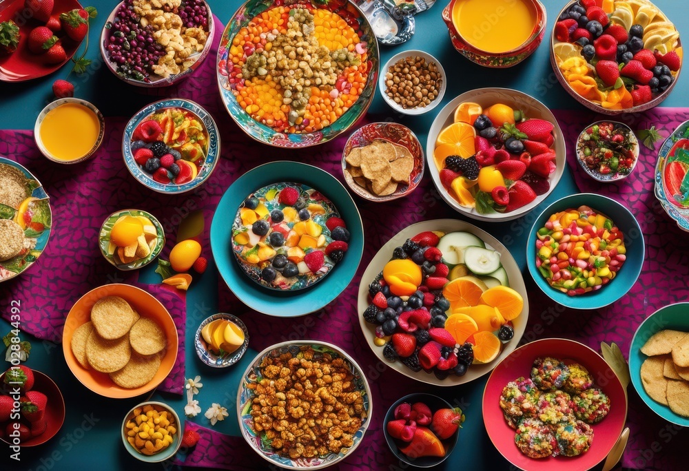 vibrant snack spread showcasing colorful bowls dishes filled appetizing treats delectable delights brightly decorated table, appetizer, buffet, tapas, hors vibrant snack spread showcasing colorful bowls dishes filled appetizing treats delectable delights brightly decorated table, appetizer, buffet, tapas, hors