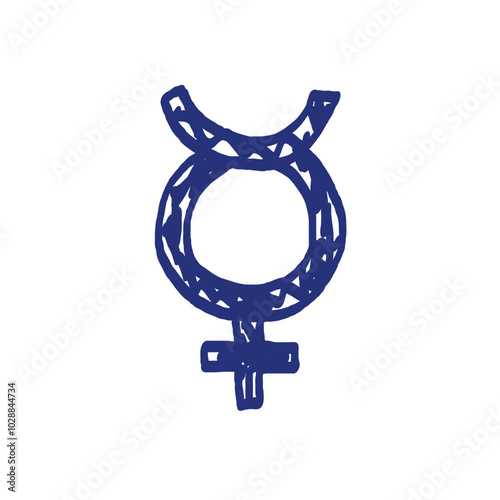 Mercury planet symbol pictogram. Horoscope vector sign. Hand drawn sketch. Blue pen or marker drawing. Primitive kids picture