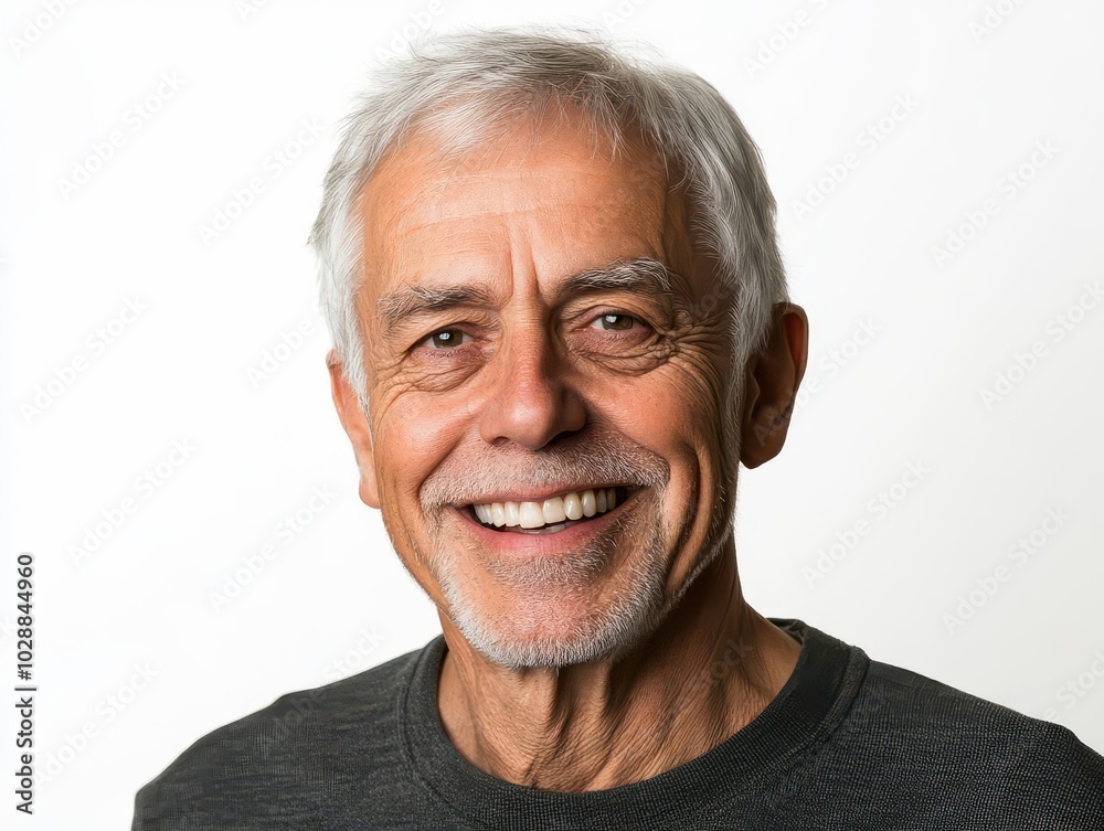 radiant portrait of an elderly man in his sixties, with a bright smile and silver hair, embodying vitality and happiness in his golden years, set against a clean white background radiant portrait of an elderly man in his sixties, with a bright smile and silver hair, embodying vitality and happiness in his golden years, set against a clean white background