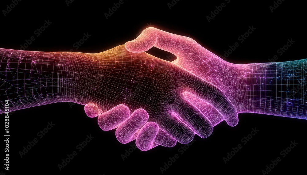 Glowing wire-frame hands in a handshake symbolizing trust and technology in business Glowing wire-frame hands in a handshake symbolizing trust and technology in business