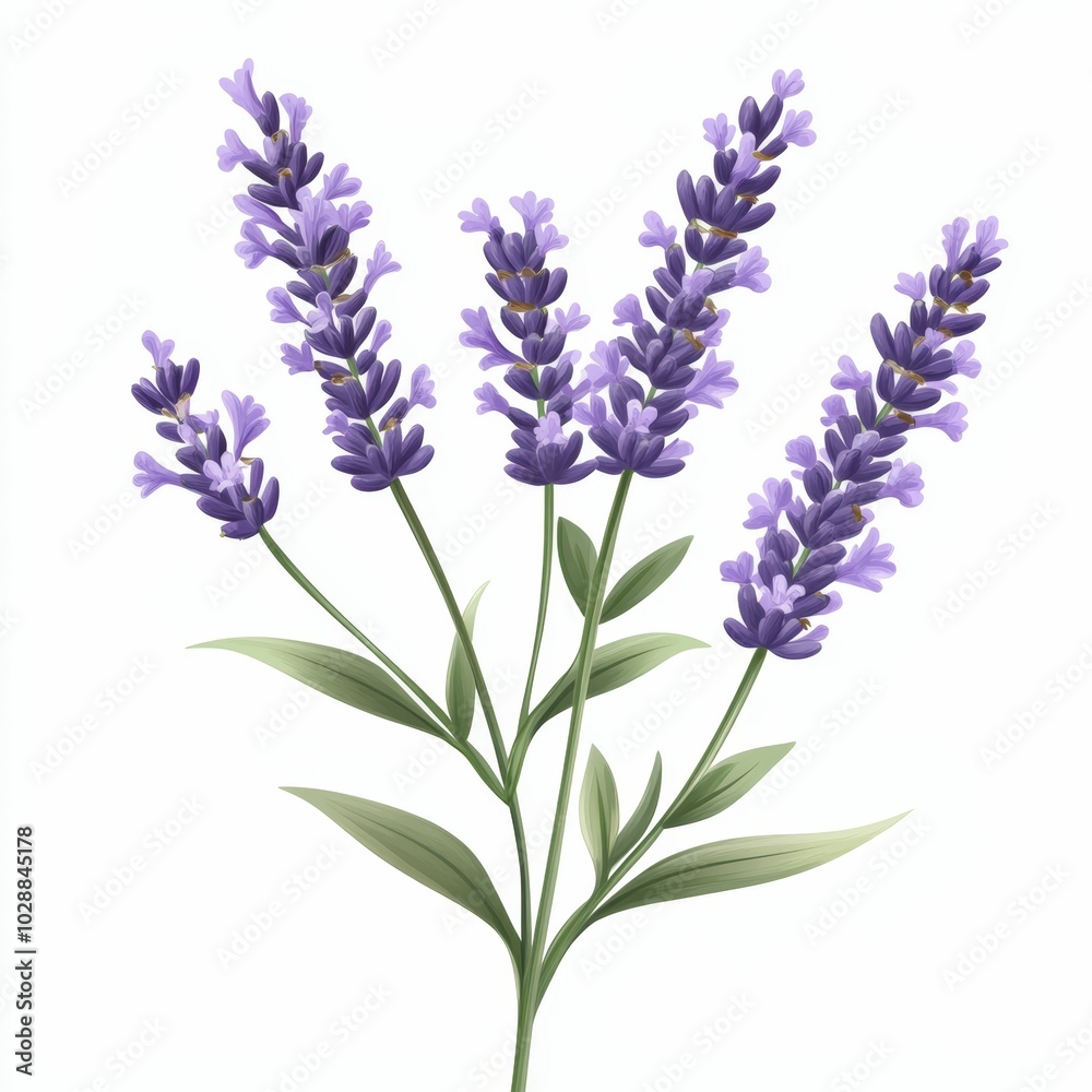 Fototapeta premium Lavender Flowers with Green Leaves Isolated on White Background