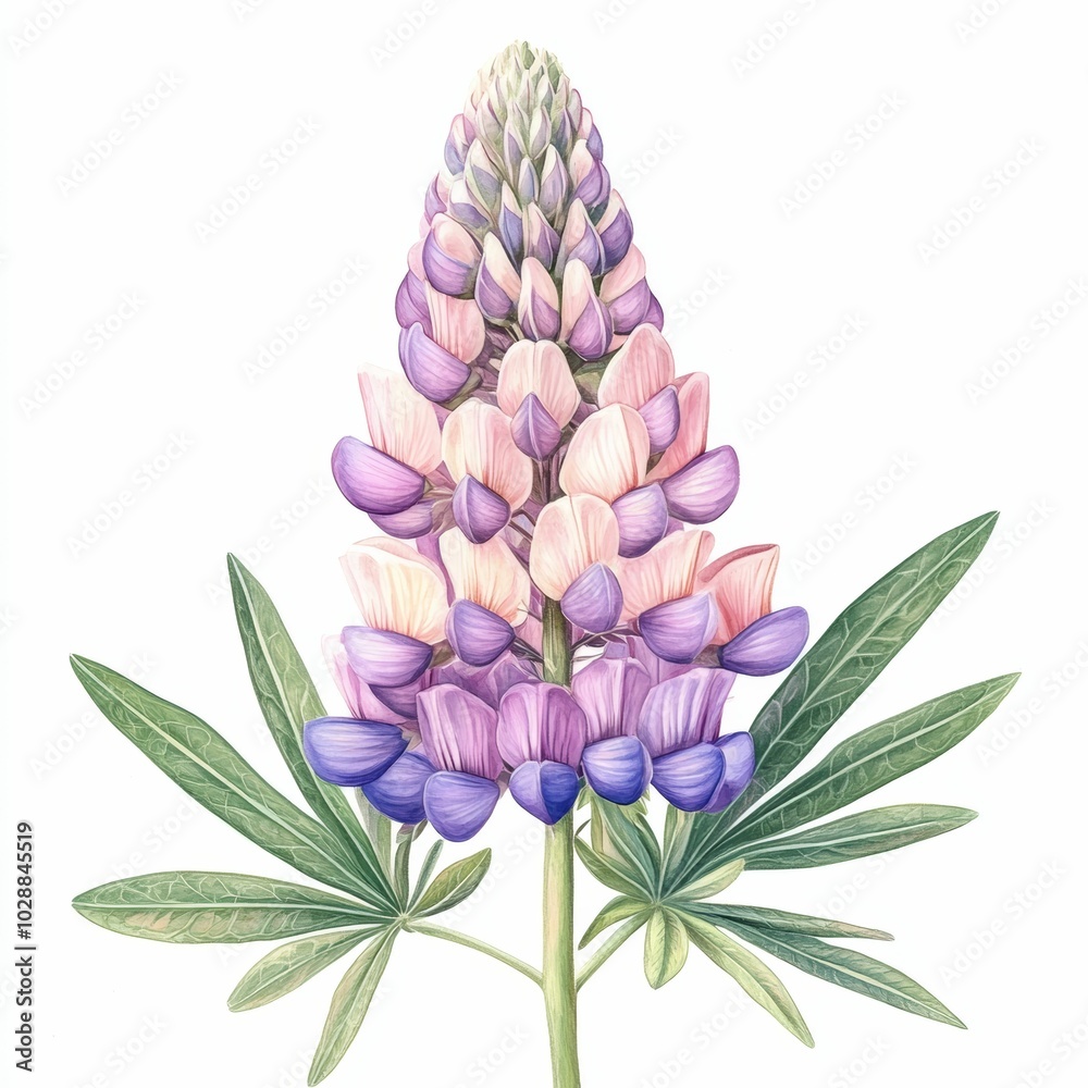 Watercolor Illustration of a Pink and Purple Lupine Flower with Green Leaves Watercolor Illustration of a Pink and Purple Lupine Flower with Green Leaves