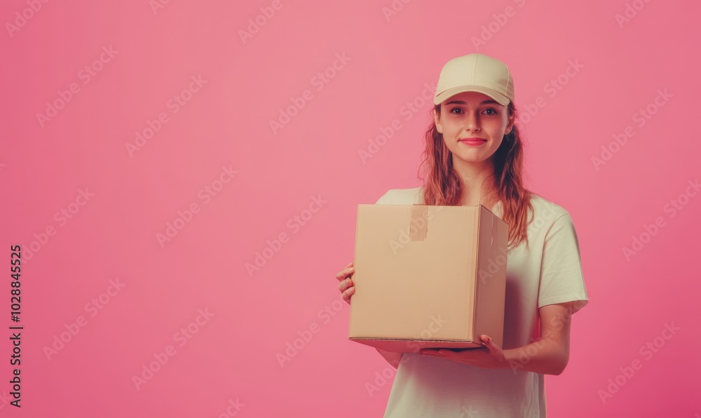 Delivery girl courier holding parcel box on light pink background with copyspace for your text Delivery girl courier holding parcel box on light pink background with copyspace for your text
