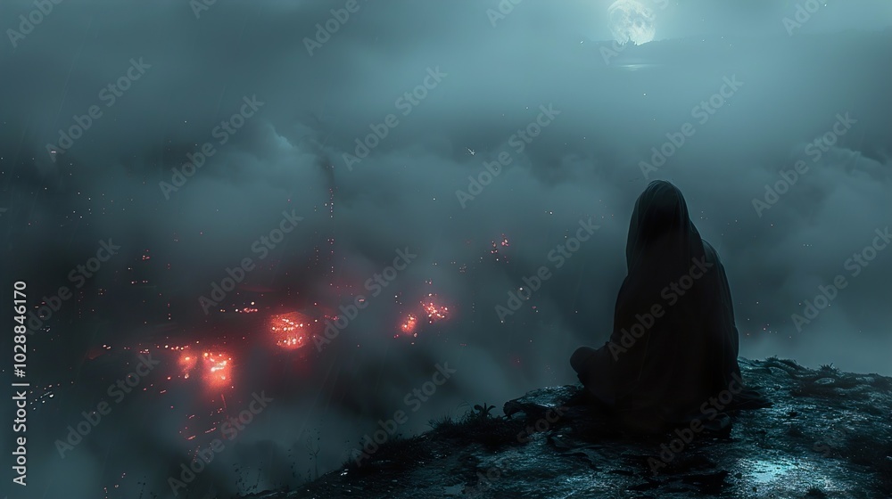 Silhouette of a Figure Gazing at the Moon in a Foggy Night Silhouette of a Figure Gazing at the Moon in a Foggy Night
