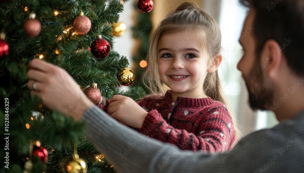 Parent and daughter joyfully decorating the Christmas tree at home Parent and daughter joyfully decorating the Christmas tree at home