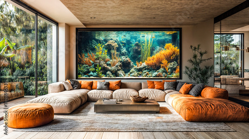 Mur aquarium dans un living room contemporain photo