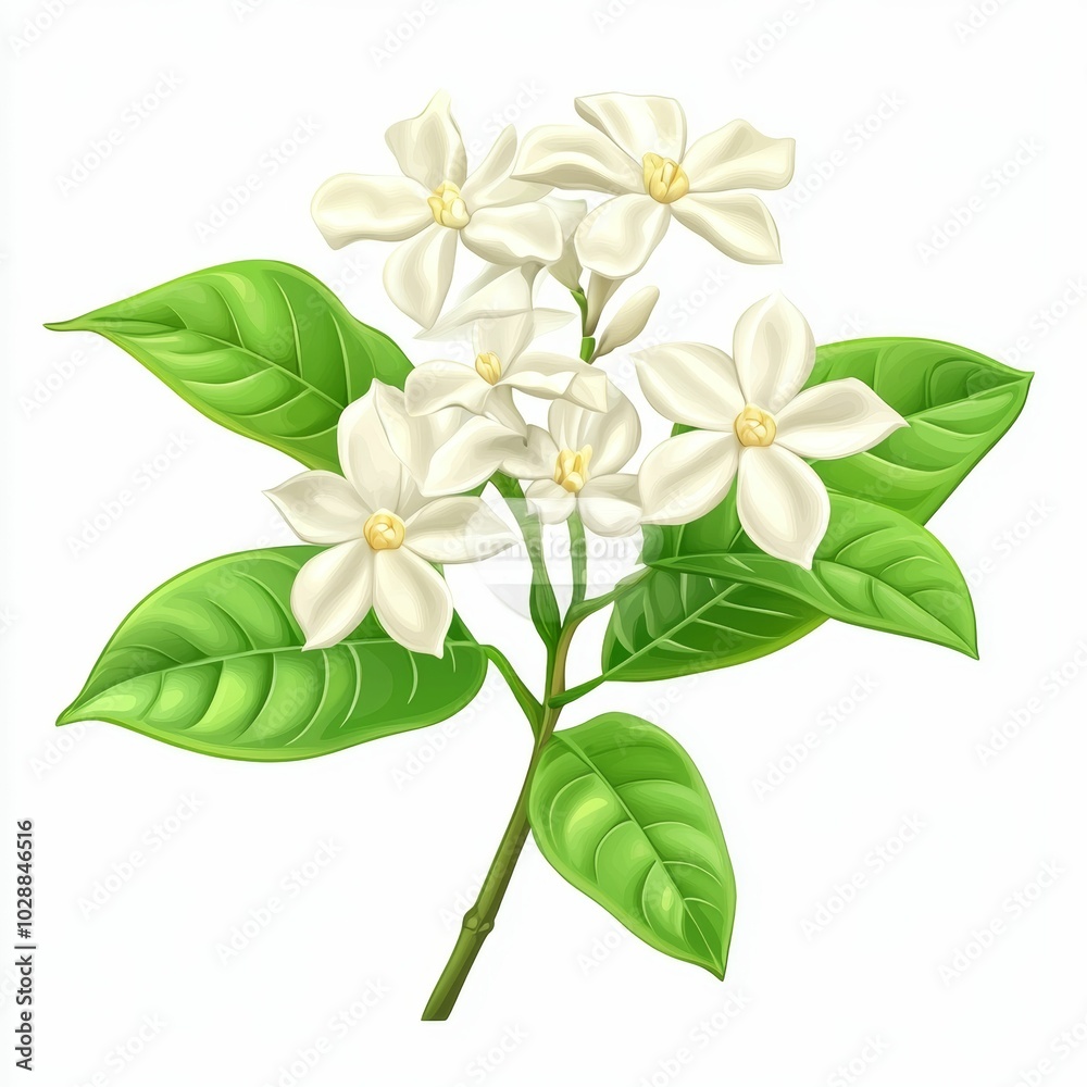 Fototapeta premium White Gardenia Flower Branch with Green Leaves Isolated on White Background