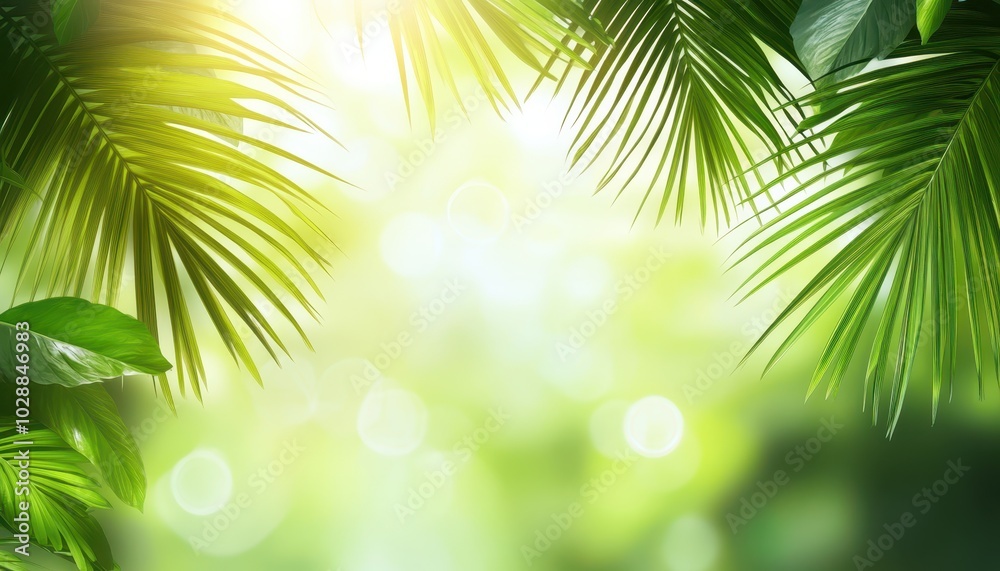 Obraz premium Lush palm leaves create a vibrant tropical background bathed in soft sunlight