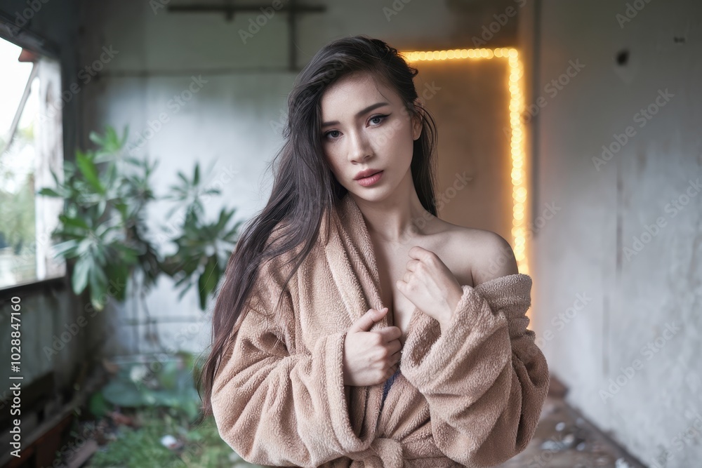 Fototapeta premium A woman in a brown coat is posing for a photo