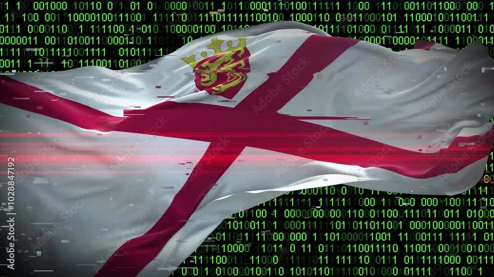 Binary code on flag of Jersey. Program source code or Hacker concept on Jersey flag. Jersey digital technology security, hacking or programming