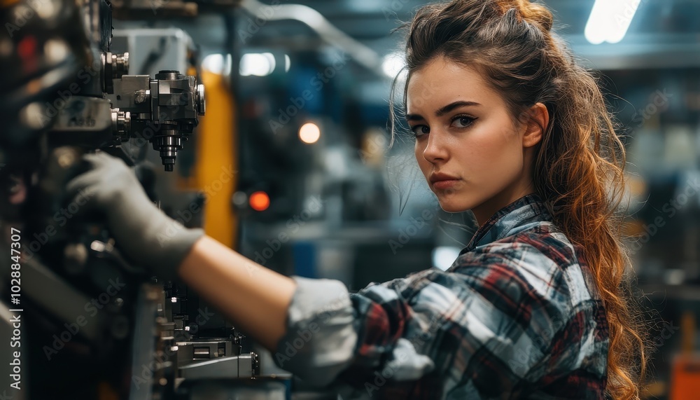 Confident female worker skillfully operates machinery in modern automotive factory Confident female worker skillfully operates machinery in modern automotive factory