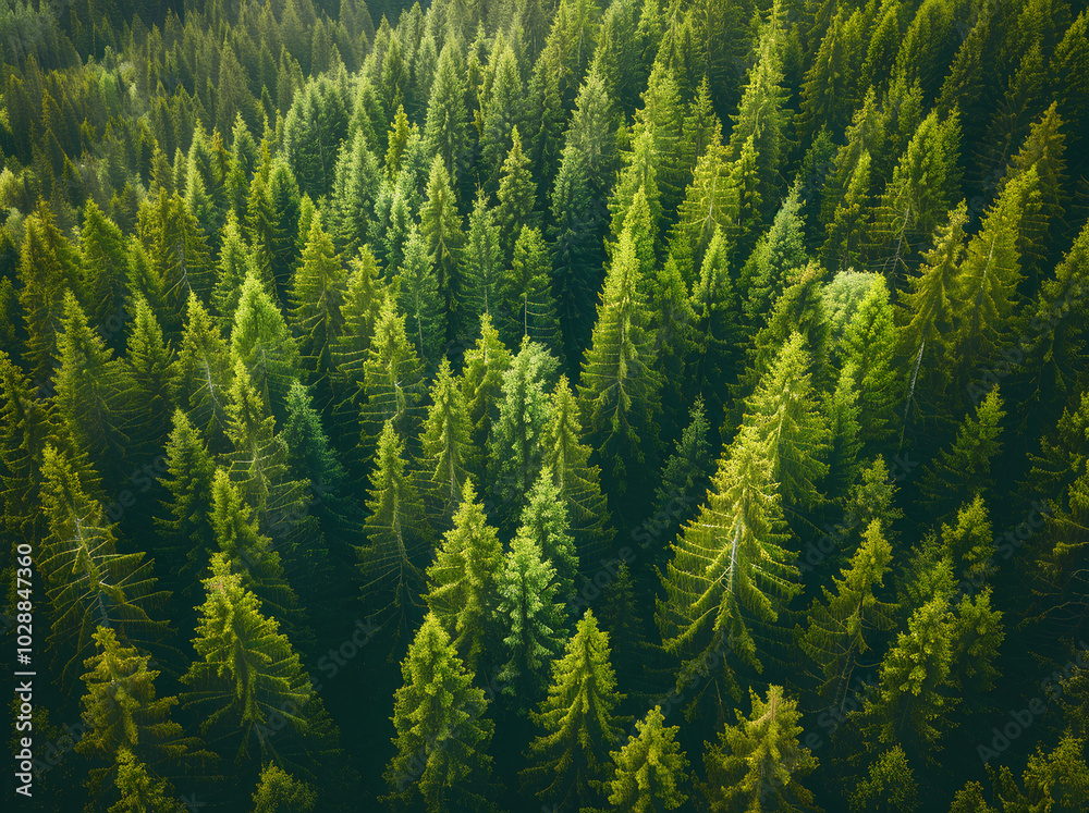 Fototapeta premium Aerial view of a dense forest with tall green trees seen from above. A bird's eye perspective of the beautiful coniferous tree tops in summer. A landscape captured from a drone.