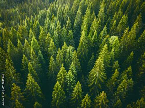 Aerial view of a dense forest with tall green trees seen from above. A bird's eye perspective of the beautiful coniferous tree tops in summer. A landscape captured from a drone.