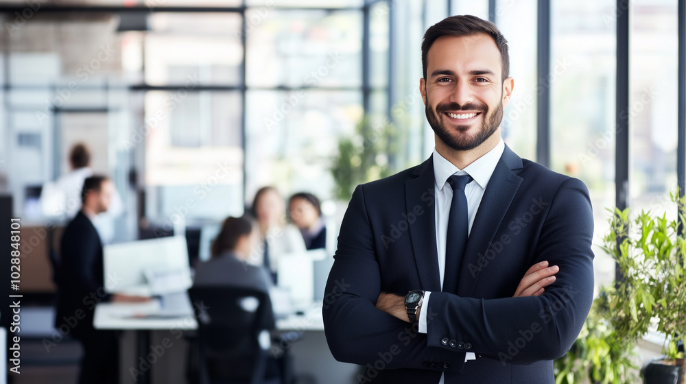 Confident Business Leader in a Modern Office Setting A smiling businessman in a well-tailored suit stands confidently with his arms crossed in a sleek, modern office space. Behind Confident Business Leader in a Modern Office Setting A smiling businessman in a well-tailored suit stands confidently with his arms crossed in a sleek, modern office space. Behind