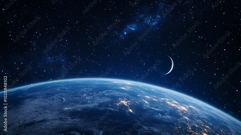 Obraz premium View of Earth and Moon from Space A breathtaking view of Earth from space, with the moon in the distance. The planetâs surface shines in cool blue hues, contrasted by the vast blac